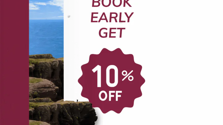 Scenic cliffside view with ocean, offering early booking 10% discount. Perfect for relaxing getaways by the sea.