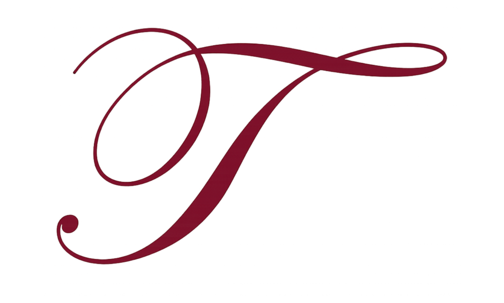 Elegant burgundy script letter "T" on white background, symbolising luxury and sophistication for a prestigious hotel welcome.